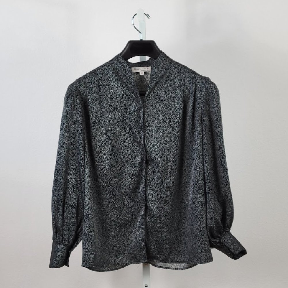 OSCAR DE LA RENTA mini dot print  button down blouse black Sz 12 - Picture 6 of 8